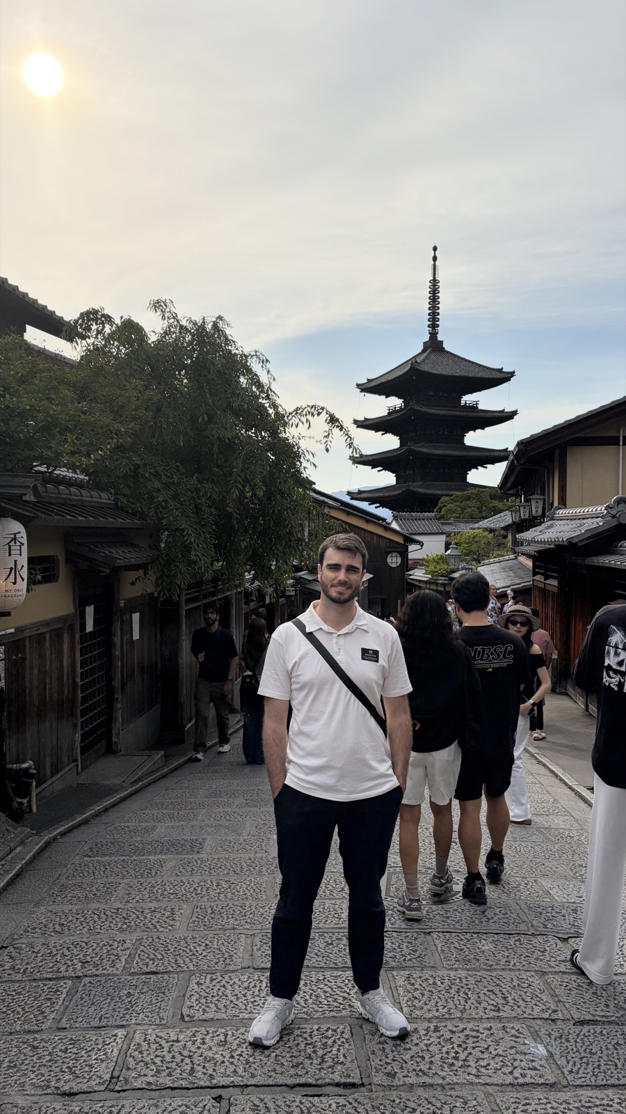Gerard on a traditional Japanese street with a pagoda behind him